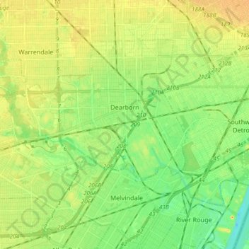 Topografische Karte Dearborn, Höhe, Relief