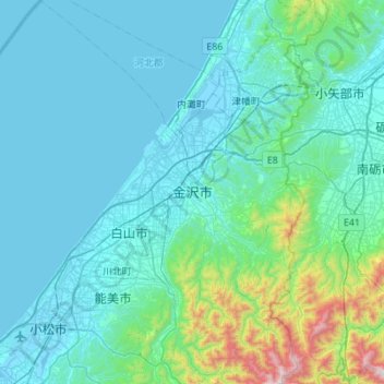 Topografische Karte 金沢市, Höhe, Relief