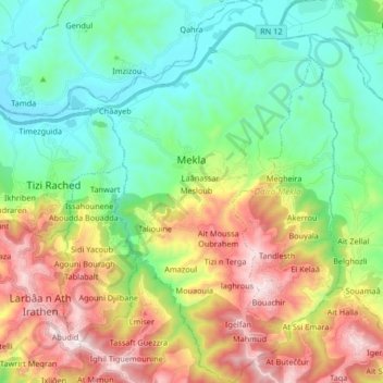 Topografische Karte Mekla, Höhe, Relief