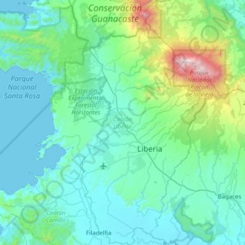 Topografische Karte Cantón Liberia, Höhe, Relief
