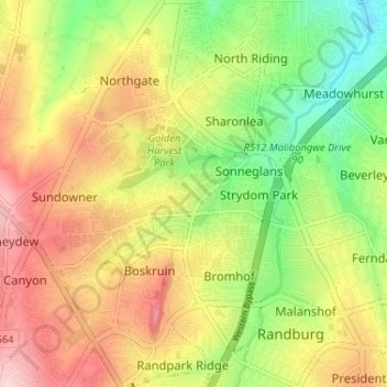 Topografische Karte Johannesburg Ward 101, Höhe, Relief