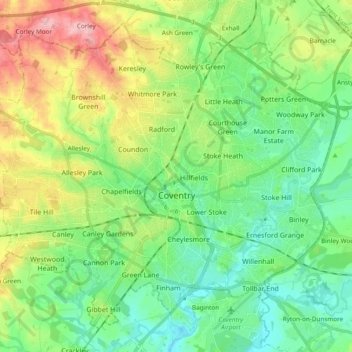 Topografische Karte Coventry, Höhe, Relief