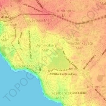Topografische Karte Demircikara Mahallesi, Höhe, Relief