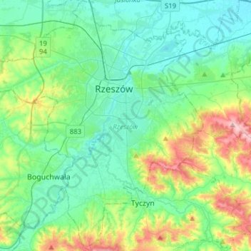 Topografische Karte Rzeszów, Höhe, Relief