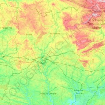 Topografische Karte Mayenne, Höhe, Relief