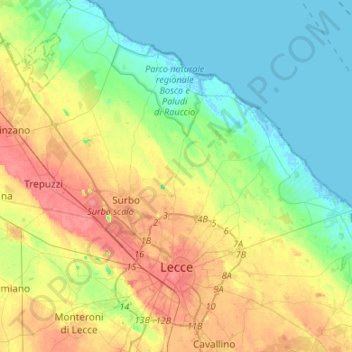 Topografische Karte Lecce, Höhe, Relief