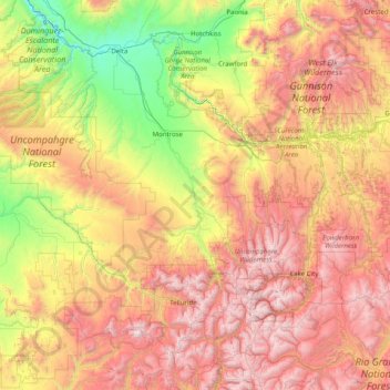 Topografische Karte Uncompahgre National Forest, Höhe, Relief
