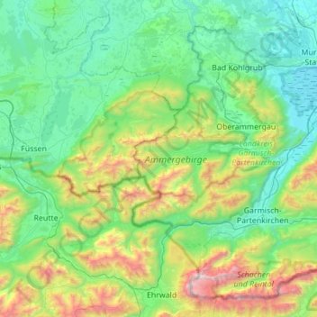 Topografische Karte Ammergauer Alpen, Höhe, Relief