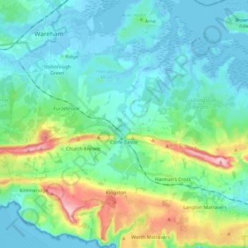 Topografische Karte Corfe Castle, Höhe, Relief