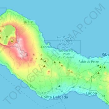 Topografische Karte Ponta Delgada, Höhe, Relief