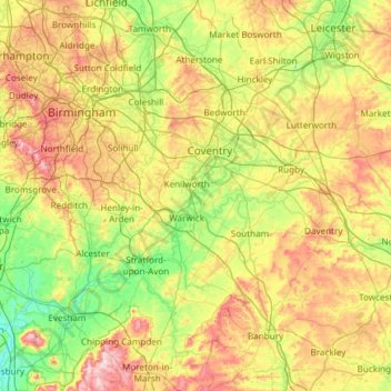 Topografische Karte Warwickshire, Höhe, Relief