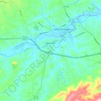 Topografische Karte Wilkesboro, Höhe, Relief