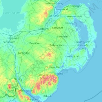 Topografische Karte County Down, Höhe, Relief