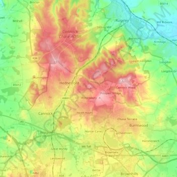 Topografische Karte Cannock Chase, Höhe, Relief