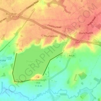 Topografische Karte Thurlaston CP, Höhe, Relief