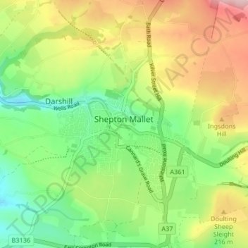 Topografische Karte Shepton Mallet, Höhe, Relief