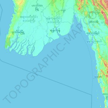 Topografische Karte Yangon-Region, Höhe, Relief