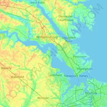 Topografische Karte James River, Höhe, Relief
