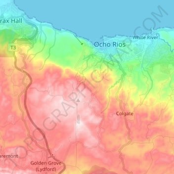 Topografische Karte Ocho Rios, Höhe, Relief