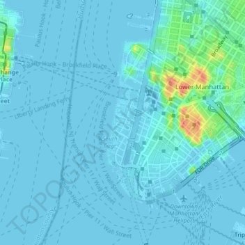 Topografische Karte Battery Park City, Höhe, Relief