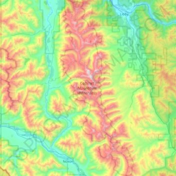Topografische Karte Cabinet Mountains Wilderness Area, Höhe, Relief