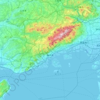 Topografische Karte Kobe, Höhe, Relief