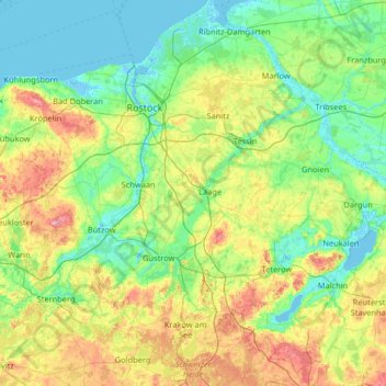 Topografische Karte Landkreis Rostock, Höhe, Relief
