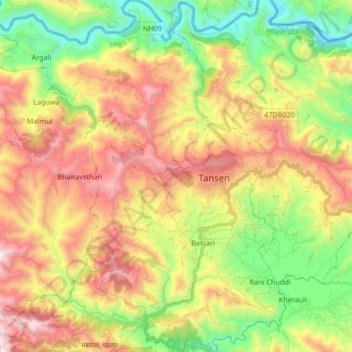 Topografische Karte Tansen, Höhe, Relief