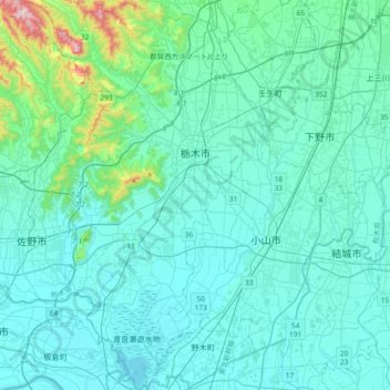 Topografische Karte Tochigi, Höhe, Relief