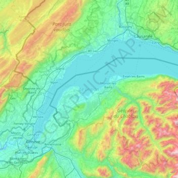 Topografische Karte Meer van Genève, Höhe, Relief