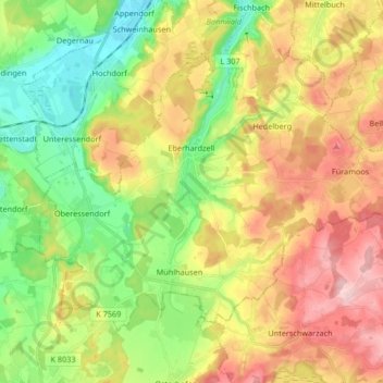 Topografische Karte Eberhardzell, Höhe, Relief