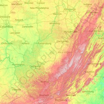 Topografische Karte West Virginia, Höhe, Relief