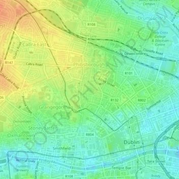 Topografische Karte Dublin, Höhe, Relief
