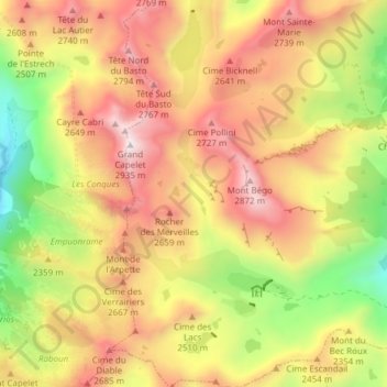 Topografische Karte Zone réglementée des Merveilles, Höhe, Relief