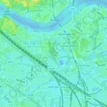 Topografische Karte Southwark Park, Höhe, Relief