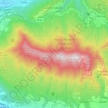 Topografische Karte Campo dei Fiori, Höhe, Relief