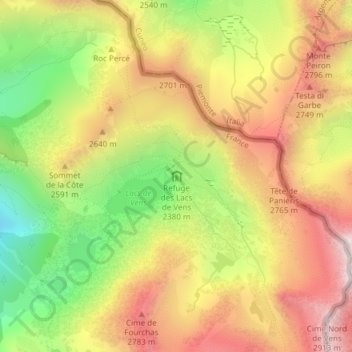 Topografische Karte Refuge des Lacs de Vens, Höhe, Relief