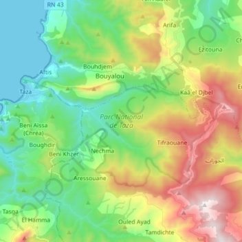 Topografische Karte Taza National Park, Höhe, Relief