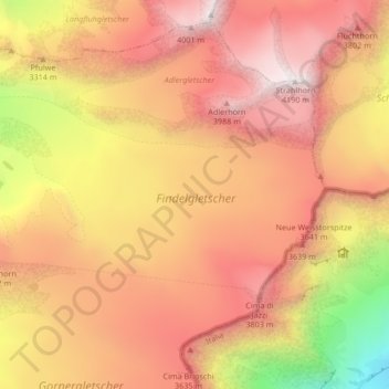 Topografische Karte Findelgletscher, Höhe, Relief