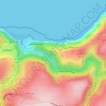 Topografische Karte East Lyn, Höhe, Relief