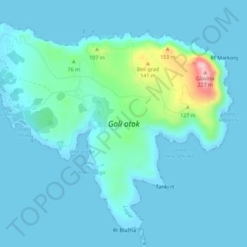 Topografische Karte Goli otok, Höhe, Relief