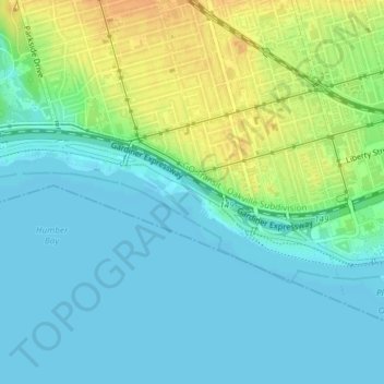 Topografische Karte Lakeshore Boulevard Parklands, Höhe, Relief