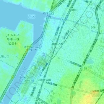 Topografische Karte 浜寺船尾町西はまなす広場, Höhe, Relief