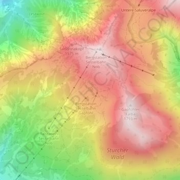 Topografische Karte Speichersee Beschneiungsanlage Gapfohl, Höhe, Relief