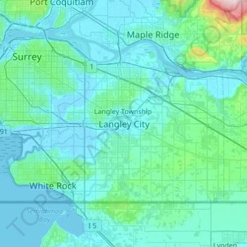 Topografische Karte Langley City, Höhe, Relief
