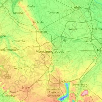 Topografische Karte Mönchengladbach, Höhe, Relief