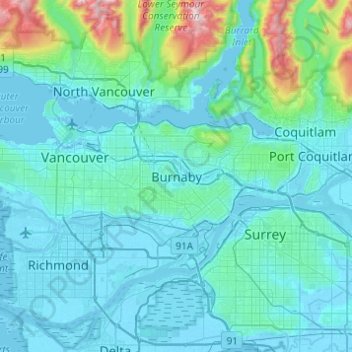 Topografische Karte Burnaby, Höhe, Relief