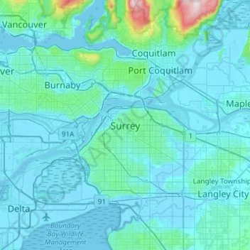Topografische Karte Surrey, Höhe, Relief