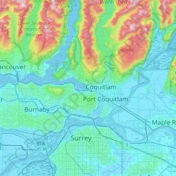 Topografische Karte Port Moody, Höhe, Relief