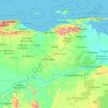 Topografische Karte Anzoátegui, Höhe, Relief